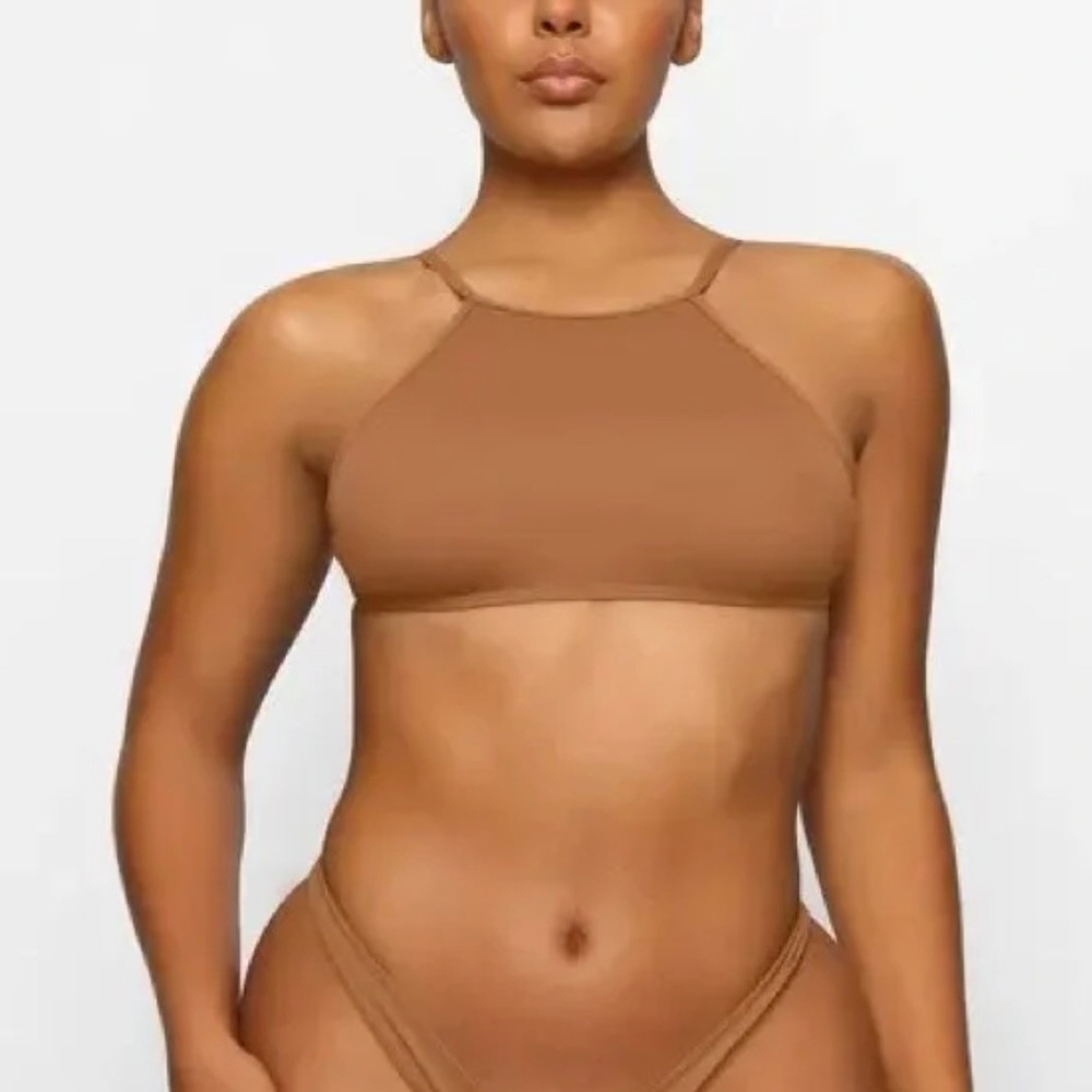 Skims Recycled Swim High Neck Top in Almond Size XXS